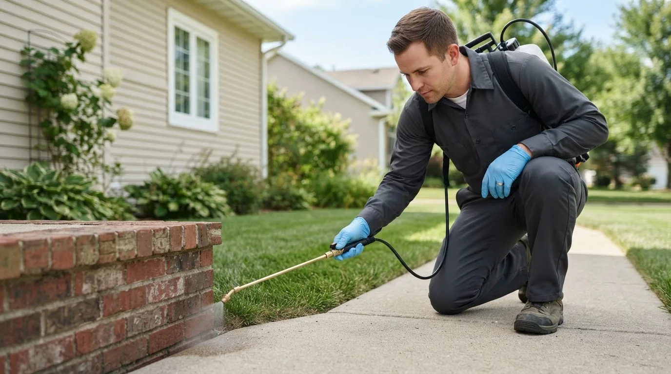 Pest control technician treating a home near Ricketts, IA